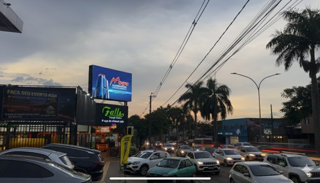 Painel LED Mega Eletrônicos entardecer com trânsito