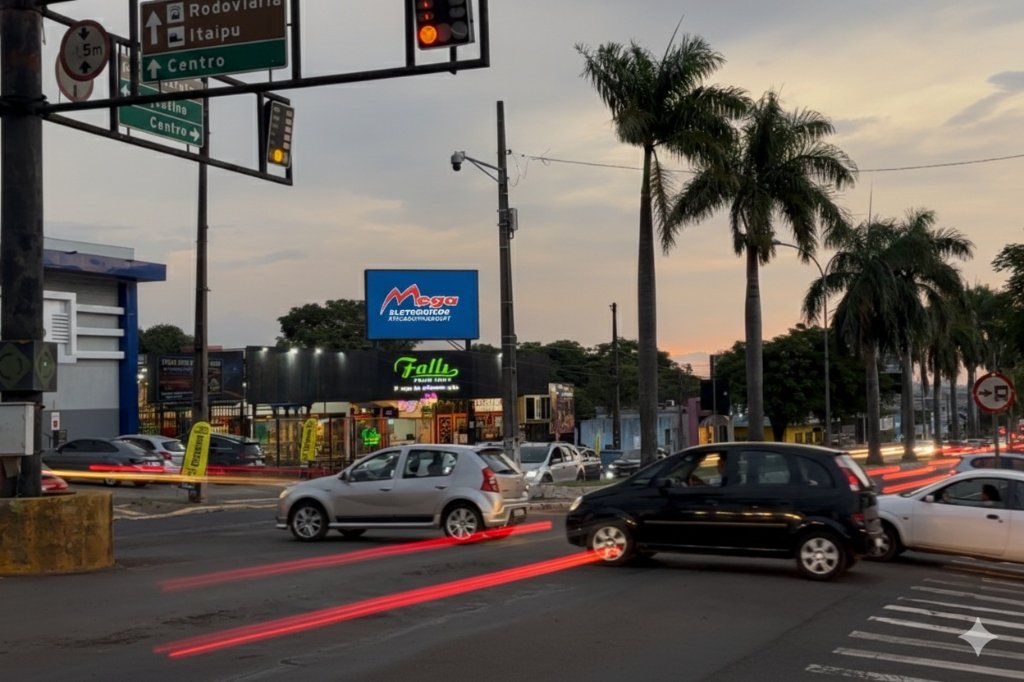 Painel LED Mega Eletrônicos no cruzamento com semáforo