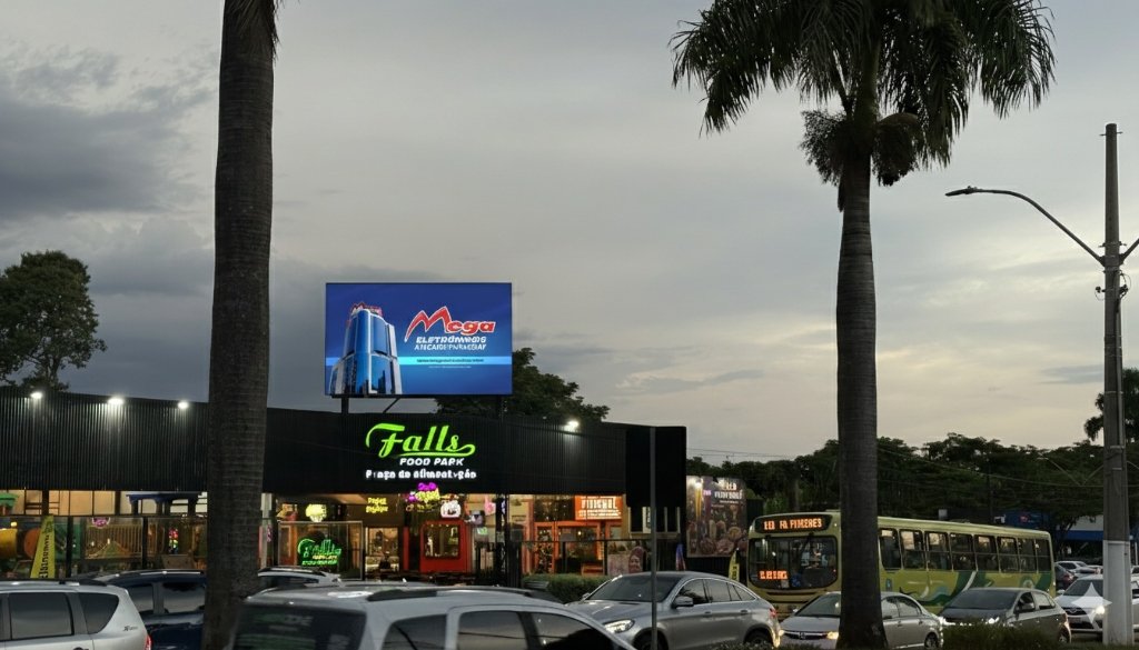 Painel de LED mostrando MEGA ELETRÔNICOS na Avenida das Cataratas